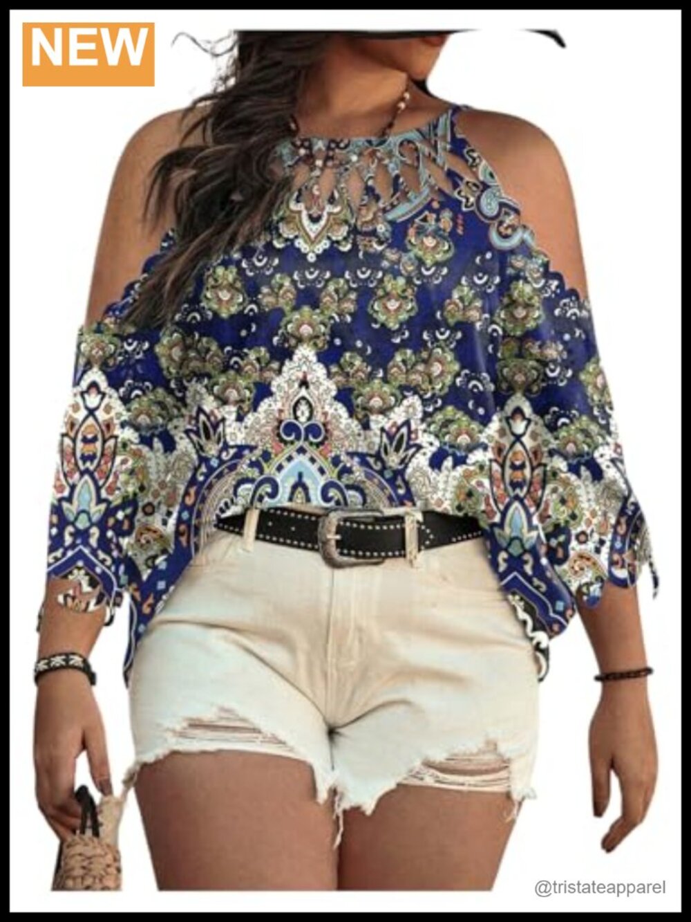 Boho Cold Shoulder Top with Cut Out 3/4 Sleeve Blouse